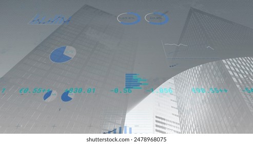 Image of financial data processing over cityscape. Global finance, business, connections, computing and data processing concept digitally generated image.