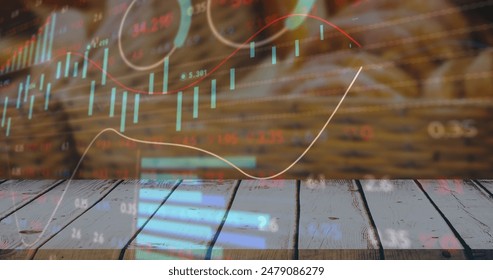 Image of financial data processing over basket with bakery. Global shopping, business, finance, computing and data processing concept digitally generated image.