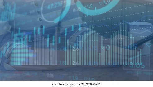Image of financial data processing over caucasian woman using smartphone. Global business, finances and digital interface concept digitally generated image.
