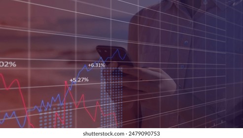 Image of financial data processing over caucasian woman using smartphone. Global business, finances and digital interface concept digitally generated image.