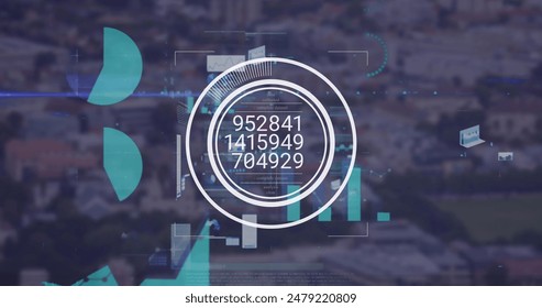 Image of financial data processing over cityscape. Global business, finances, computing and data processing concept digitally generated image.