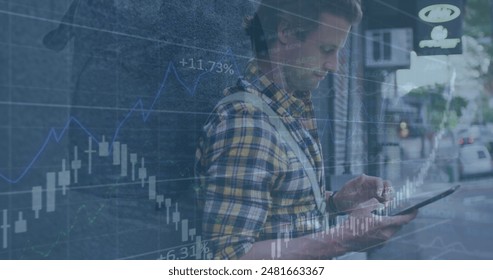 Image of financial data processing over happy caucasian man using smartphone on the street. Global economy and business technology concept