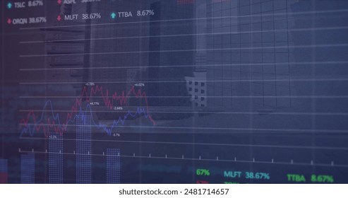 Image of financial data processing over grey background. global business, finances, digital interface and connections concept digitally generated image.