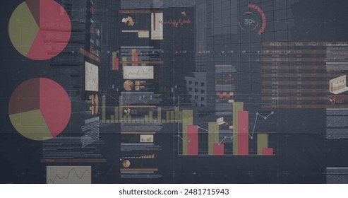 Image of financial data processing over grey background. global business, finances, digital interface and connections concept digitally generated image.