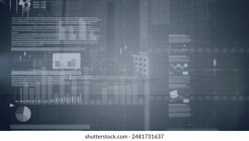 Image of financial data processing over grey background. global business, finances, digital interface and connections concept digitally generated image.
