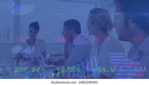 Image of financial data processing over diverse business people having meeting at office. Global business, finances and digital interface concept digitally generated image.