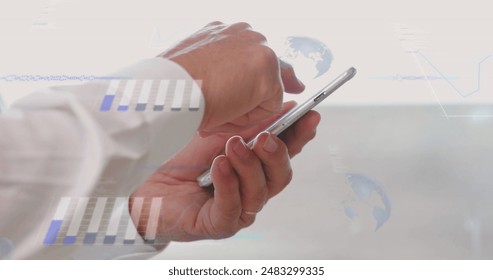 Image of financial data processing over caucasian man using smartphone. Global connections, business, finances, computing and data processing concept digitally generated image.