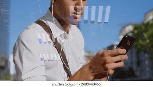 Image of financial data processing over biracial man using smartphone. Global connections, business, finances, computing and data processing concept digitally generated image.