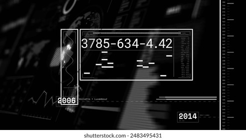 Image of financial data processing over globe and world map. Global business, finance, digital interface, computing and data processing concept digitally generated image.