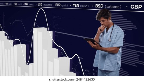Image of financial data processing over caucasian male doctor. Global medicine, business, connections, computing and data processing concept digitally generated image.