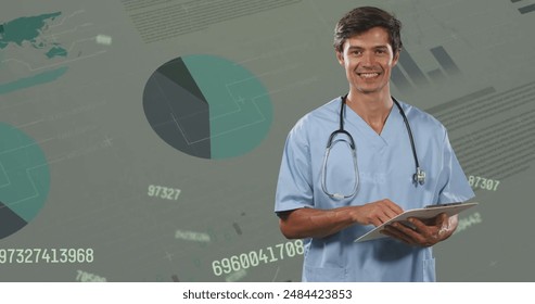 Image of financial data processing over caucasian male doctor. Global medicine, business, connections, computing and data processing concept digitally generated image.
