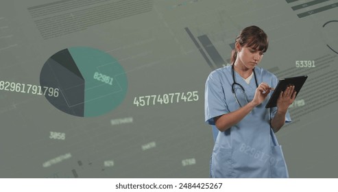 Image of financial data processing over caucasian female doctor. Global finance, business, connections, computing and data processing concept digitally generated image. - Powered by Shutterstock