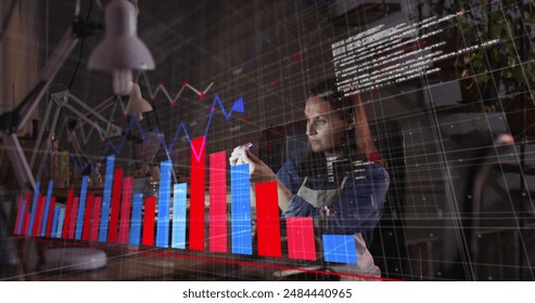 Image of financial data processing over caucasian woman in workshop. Global business, computing, digital interface and data processing concept digitally generated image.