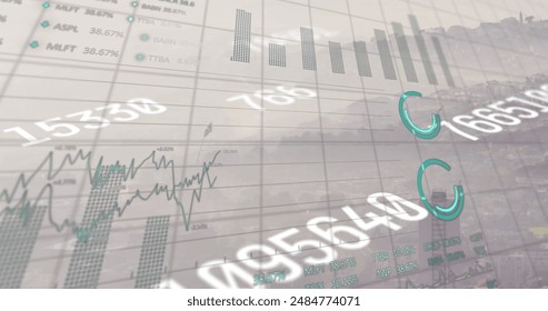 Image of financial data processing over office. Global business and finance concept digitally generated image.