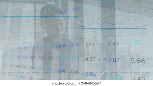 Image of financial data processing over businesswoman. Global business, finances, computing and data processing concept digitally generated image.