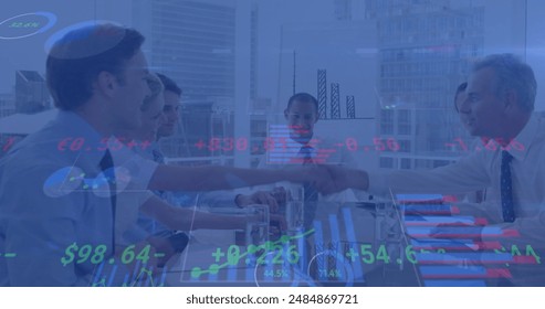 Image of financial data processing over diverse business people having meeting at office. Global business, finances and digital interface concept digitally generated image.