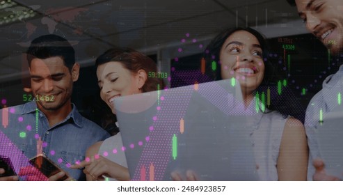 Image of financial data processing over diverse colleagues using electronic devices at office. Global finance and business technology concept