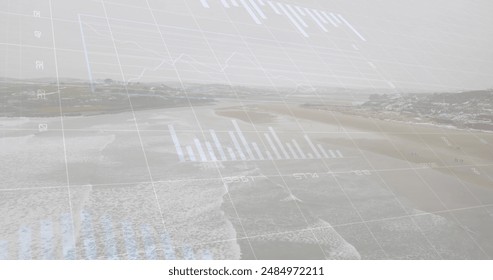 Image of financial data processing over landscape. Global finances, business and digital interface concept digitally generated image.