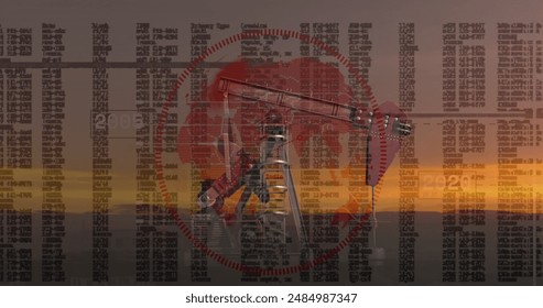 Image of financial data processing over oil rig at sunset. Global oil business, business, finances, computing and data processing concept digitally generated image. - Powered by Shutterstock