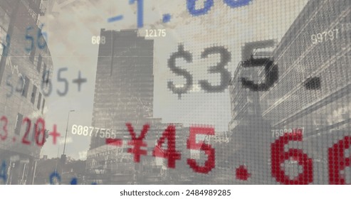 Image of financial data processing over cityscape. Global business, business, finances, computing and data processing concept digitally generated image.