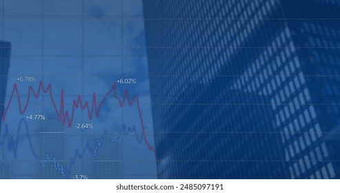 Image of financial data processing over modern office building. Global business, finance, computing and data processing concept digitally generated image. - Powered by Shutterstock - Get 15% off with code: PIKWIZARD15