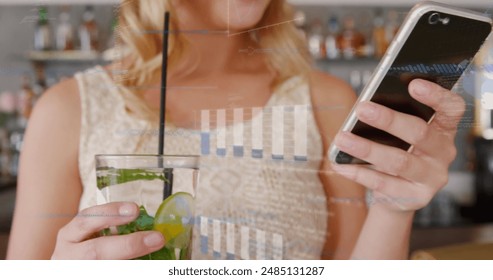 Image of financial data processing over caucasian woman using smartphone. Global connections, business, finances, computing and data processing concept digitally generated image.