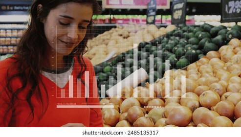 Image of financial data processing over caucasian woman grocery shopping. Global shopping, business, connections, computing and data processing concept digitally generated image. - Powered by Shutterstock