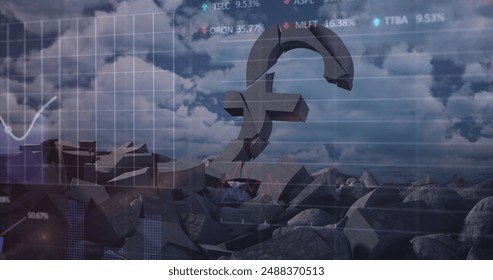 Image of financial data processing over crushing british pound sign. Global finance, business, connections, computing and data processing concept digitally generated image.