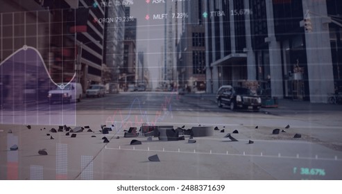 Image of financial data processing over crushing british pound and cityscape. Global finance, business, connections, computing and data processing concept digitally generated image.