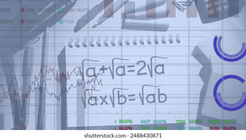 Image of financial data processing over mathematical formulae. Global learning, business, connections, computing and data processing concept digitally generated image.