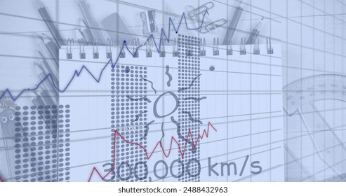 Image of financial data processing over mathematical formulae. Global learning, business, connections, computing and data processing concept digitally generated image.