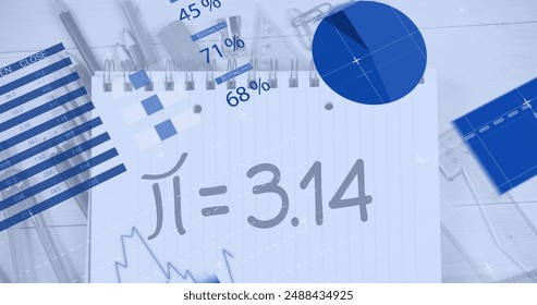 Image of financial data processing over mathematical formulae. Global learning, business, connections, computing and data processing concept digitally generated image.