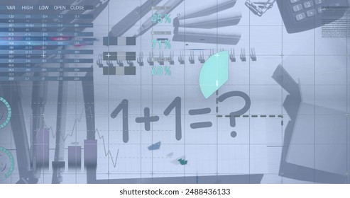 Image of financial data processing over mathematical formulae. Global learning, business, connections, computing and data processing concept digitally generated image.