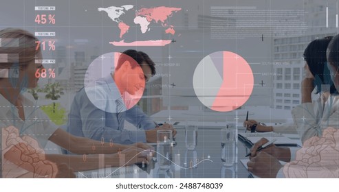 Image of financial data processing over business people in office. Global finance business and digital interface concept digitally generated image.