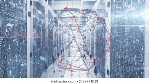 Image of financial data processing over business people and in office. Global digital interface technology and connections concept digitally generated image.