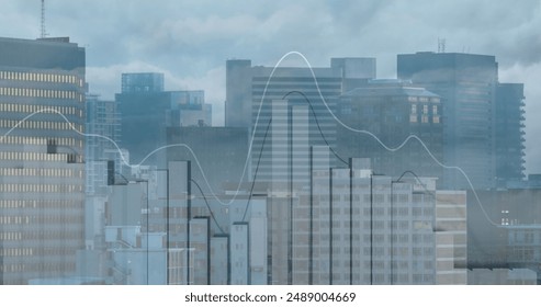 Image of financial data processing over cityscape. Global business, finances and digital interface concept digitally generated image.