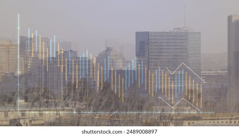 Image of financial data processing over cityscape. Global business, finances and digital interface concept digitally generated image.