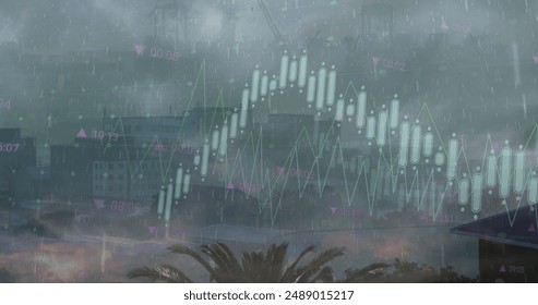 Image of financial data processing over cityscape. Global business, finances and digital interface concept digitally generated image.