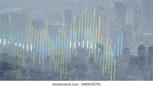 Image of financial data processing over cityscape. Global business, finances and digital interface concept digitally generated image.