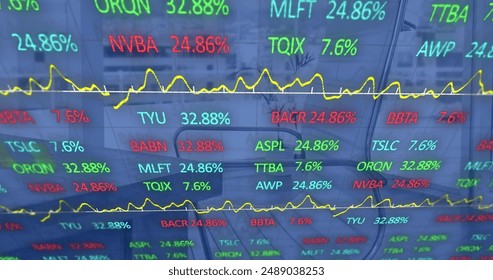 Image of financial data processing over modern office. Global business, finances, computing, networks and data processing concept digitally generated image. - Powered by Shutterstock - Get 15% off with code: PIKWIZARD15