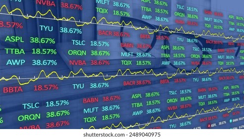 Image of financial data processing over glasses on desk in modern office. Global business, finances, computing, networks and data processing concept digitally generated image.