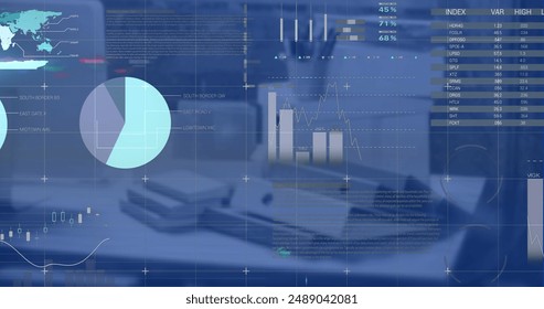 Image of financial data processing over desk in modern office. Global business, finances, computing, networks and data processing concept digitally generated image.