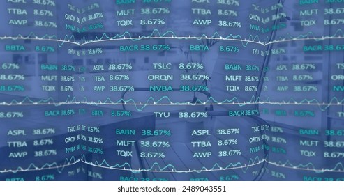 Image of financial data processing over modern office. Global business, finances, computing, networks and data processing concept digitally generated image.