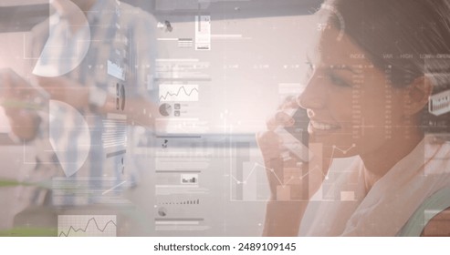 Image of financial data processing over woman using smartphone. Global business, finances, computing and data processing concept digitally generated image. - Powered by Shutterstock - Get 15% off with code: PIKWIZARD15