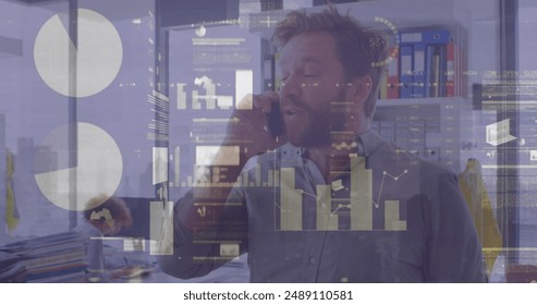Image of financial data processing over man using smartphone. Global business, finances, computing and data processing concept digitally generated image.