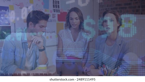 Image of financial data processing over diverse business people using tablet. Global business, finances, computing and data processing concept digitally generated image.