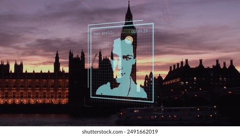 Image of financial data processing over biometric photo and london cityscape. Global business, finances, computing and data processing concept digitally generated image. - Powered by Shutterstock