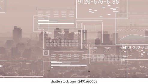Image of financial data processing over cityscape. Global business, finance, networks, computing and data processing concept digitally generated image.