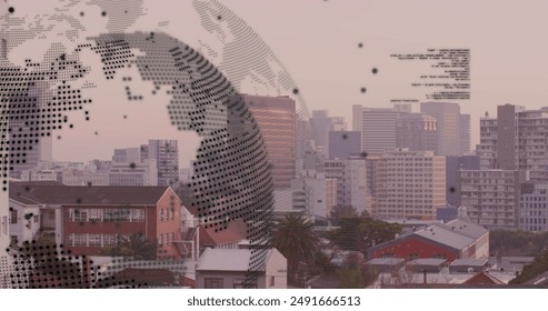 Image of financial data processing over cityscape. Global business, finance, networks, computing and data processing concept digitally generated image.