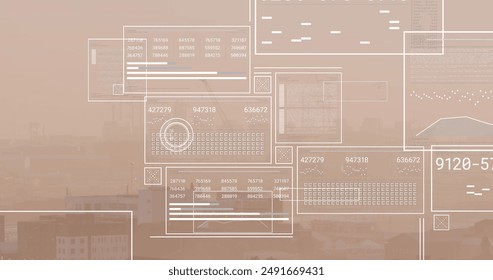 Image of financial data processing over cityscape. Global business, finance, networks, computing and data processing concept digitally generated image.